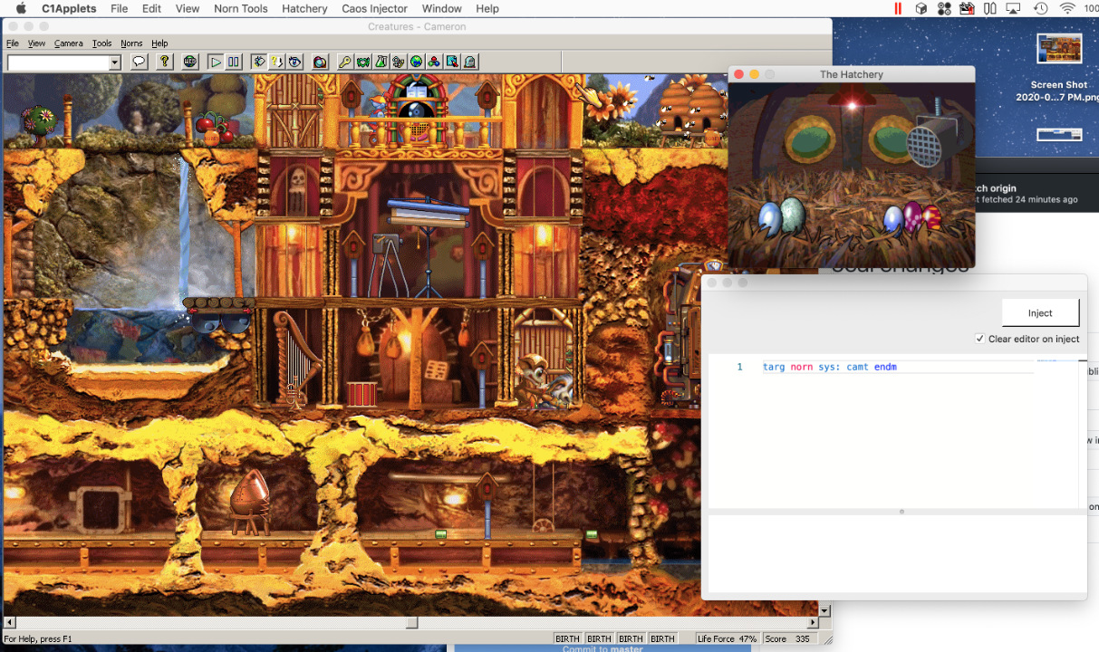Screenshot of Creatures 1 running in wine on MacOS with hatchery and CAOS injector tool windows open