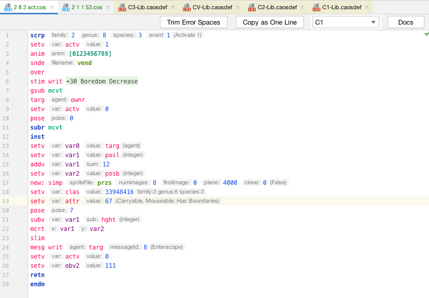 screenshot of caos editor in IntelliJ IDE