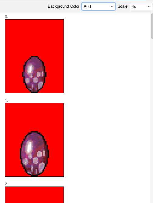 Screenshot of Creatures 1 SPR file viewer in IntelliJ showcasing egg images at 4x zoom with a red background.